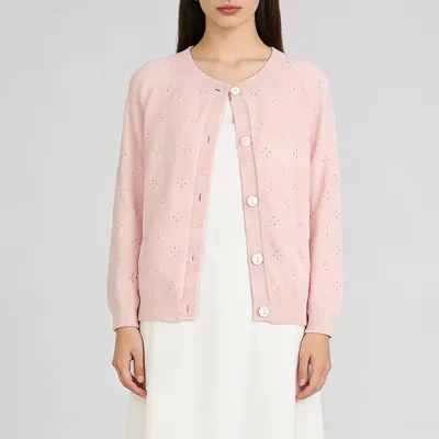 Women's Long Cardigan Single Breasted Pointelle Sweater Top for Ladies Korean Sweet Pink Cardigans Custom Logo Color