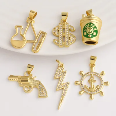 ASJEWELRY Chemistry Dollar Sign Pendant for Necklace Copper Gold Plated Coffee Cup Gun Lightning Anchor Jewelry Making pdtb056
