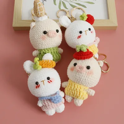 Handmade Crochet Animal Keychain Pig Rabbit With Strawberry Carrot Corn on Head Gold Hardware Chenille Yarn Charm