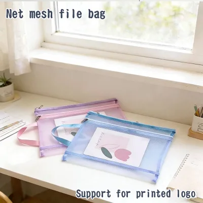 BoYing A4 Double Layer Zipper Document Pouch-Portable Lightweight Nylon Mesh Cosmetic Bag Custom Logo Option for