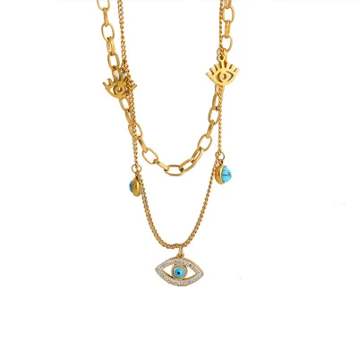 Exquisite Gold Plating Devil Eye Necklace Stainless Steel Double Layered Blue Oval Demon Eye Pendant Necklace