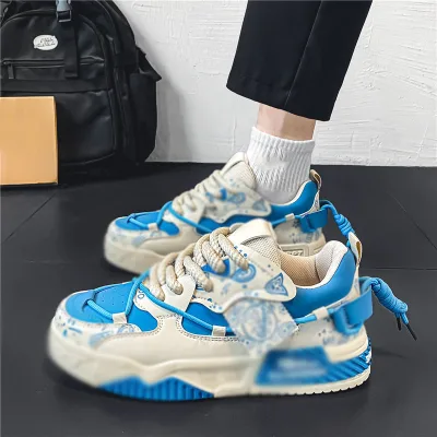 Men's Summer Korean Style Running Lightweight Breathable Mesh Upper EVA Midsole Sneakers Durable Lace-Up Closure Chunky Shoes