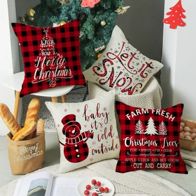 Best-selling Red and Black Checkered Christmas Pillowcase with Linen Print for Home Armrests, Office Cushions