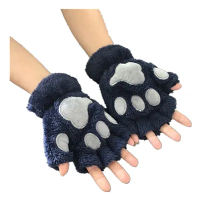 Botu Winter Kids Cute Cat Claw Paw Plush Mittens Warm Soft Plush Short Fingerless Fluffy Bear Cat Gloves Costume Half Finger