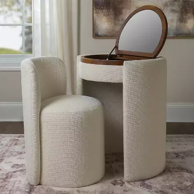 Vory Chair and Mirror Vanity Set Upholstered Vanity Chair & Flip-Top Round Mirror Storage Vanity Set Bedroom Furniture