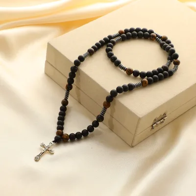Fashion Cool Natural Tiger Eye Stone Beaded Long Necklace Glass Black Agate Cross Pendant Rosary Necklace for Men Gift