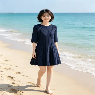 Women's 3/4 Sleeve Crew Neck Casual Swing T-Shirt Dress Knee Length Pleated Fitted Navy Blue