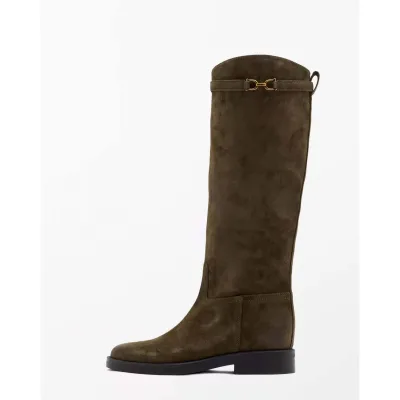 Customized Genuine Leather ANSU Women's Shoes 2026 Autumn New Vintage Khaki Green Oil Wax Suede Knee-High Boots Summer Winter