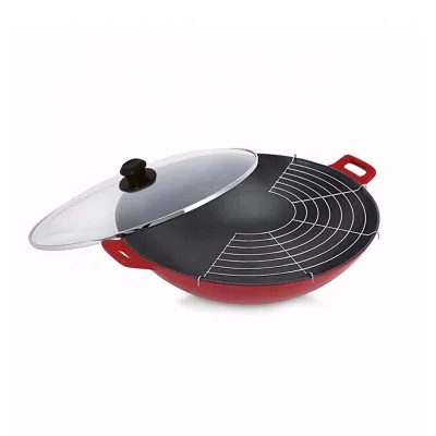Non-stick Enameled Coating Cast Iron Wok with Glass Lid
