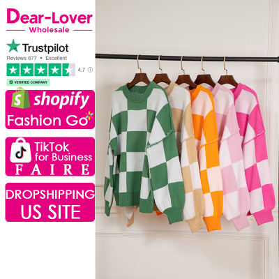 Dear-Lover Winter Top Orange Checkered Bishop Sleeve Sweater