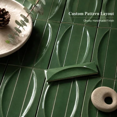 Luxury Green 3D Embossed Handmade Ceramic Tile Custom Finish for Hotel Lobby Bar Restaurant Feature Wall Background Decoration