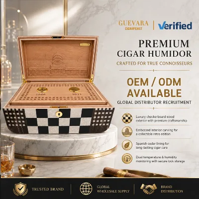 Vintage Commemorative Cigar Humidor Box Hand Relief Carving Dome Building Pattern Black White Checker Veneer Cedar Storage Case