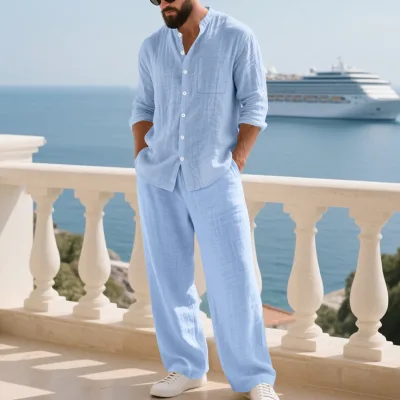 Wholesale Custom Logo Men's 2 Piece Linen Suit Set Loose Fit Long Sleeve Pants Casual Breathable Autumn