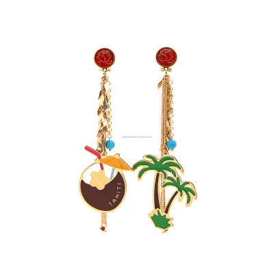 Brass Dangle Earrings with Tahiti Coconut & Palm Tree Enamel Charms Chain-Decorated Colorful Beads Summer Vacation Jewelry