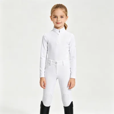 Women White Equestrian Show Set Long Sleeve Competition Shirt Full-Seat Breeches Horse Riding Uniform OEM Wholesale Nylon