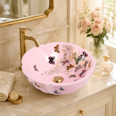 High-end Designer Printing Wash Basin Round Scalloped Ceramic Vessel Sink Decorative Sanitary Ware for Luxury Home Projects