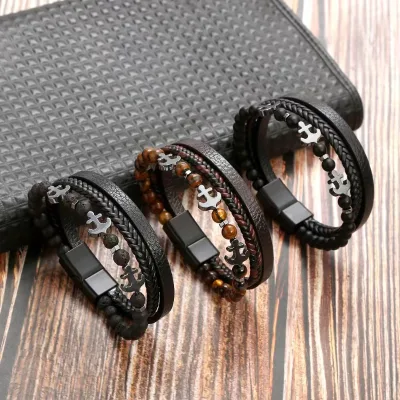 men's multi layers braided cowhide genuine leather bracelet stainless steel charm bracelet with custom logo
