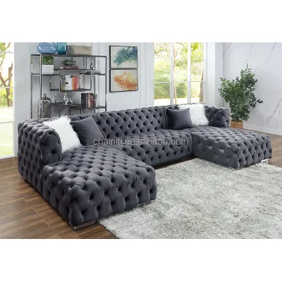 Chainiti Furniture Commercial Hotel Living Room Sectional Sofa L-shape Velvet Fabric Tufted Modern Design Solid Wood Frame Set