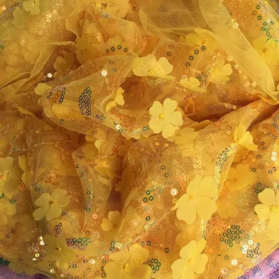 Yellow Flower 3D Laser Plum Blossom Pattern Bead Embroidery Lace 3D Floral Mesh Fabric for Skirt Dress