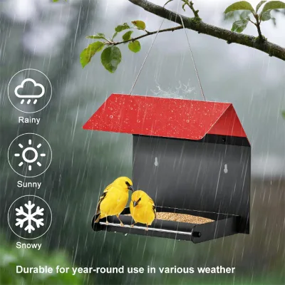JH-Mech Red-Black Cottage-Style Feeder Open Tray Design for Easy Feeding Rust-Resistant Easy-Clean Metal Platform Bird Feeder