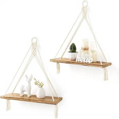 Mkono Makrame Triangular Wooden Wall Shelf Removable Suspenders Hand Woven Cotton Rope Boho Decor for Bathroom Balcony-2-Tier