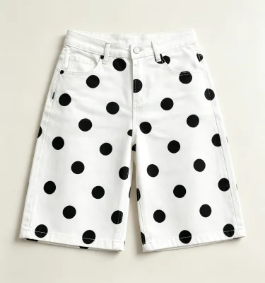 Women White Denim Bermuda Shorts Polka Dot Print Straight Leg Knee Length Jean Shorts Vintage Y2K Casual Dot Pattern Half Pant