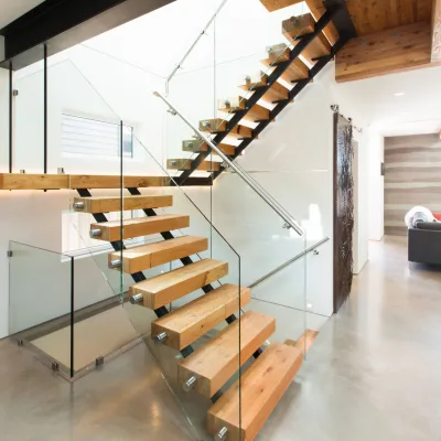 Factory Price Interior Powder Coated Steel Mono Beam Solid Wood Step Straight Stairs with Balustrades Handrails Made in China