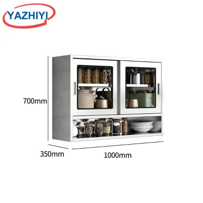 YAZHIYI Stainless Steel Wall Mount Kitchen Cabinet Double Glass Door Storage Cupboard For Catering Spice Cookware Organizer