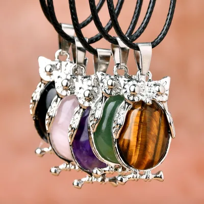 Owl Crystal Pendant Necklace with Retro Amethyst Natural Stone Leather Rope for Women and Men-Fashionable Jewelry Gift