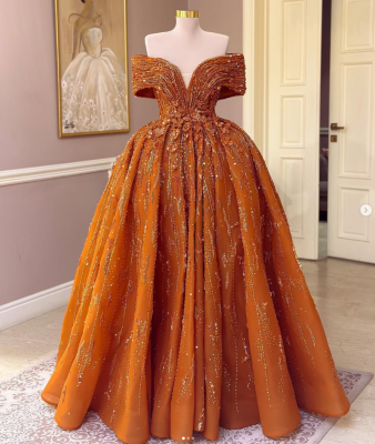 Orange Lace Beaded Ball Gown Prom Dress - Evening Formal Party Bridesmaid Gown