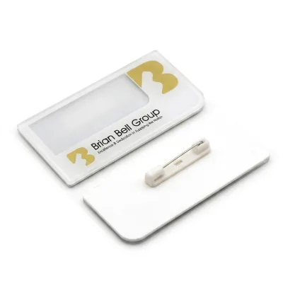 Custom Acrylic Window Name Badge with Gold Logo Silk-Screen Printing Rectangle Safety Pin Back Reusable Replaceable Tag Badge