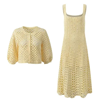 New Hollow Diamond Decoration Knitted Sets Long-sleeved Jacket Matching Slim Fit Long Suspender Women's Two-piece Set