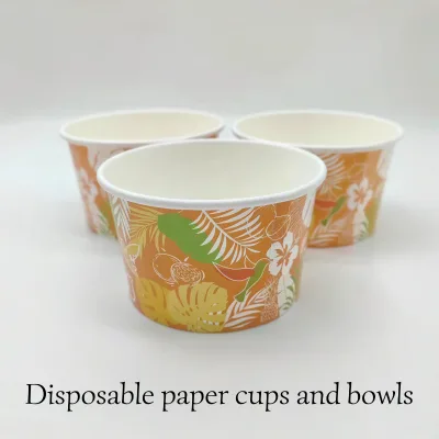 Custom Logo Disposable Eco Friendly Paper Ice Cream Cup Leakproof Dessert Bowls Food Grade Fruit Dessert Bowls for Milk Tea Shop