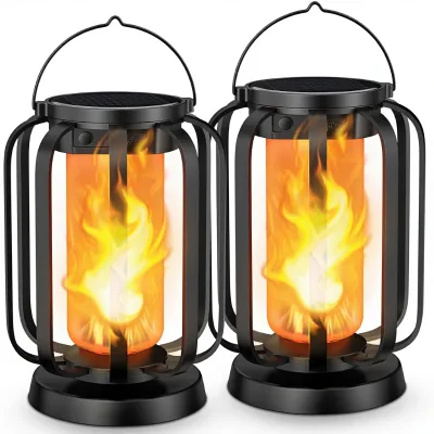 Solar Lanterns Outdoor Waterproof Ultra-Real Flame 3500K Warm White LED 2 Modes USB/Solar Charging Hanging/Table Light Garden