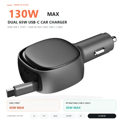 130W Retractable Car Charger with 65W USB C PD Port and 65W Built-in 80cm Type C Cable for 12V 24V Vehicles