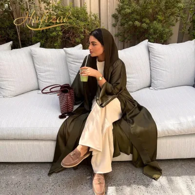Hafizah 2026 Dubai Luxury Multi Color Solid Satin Fabric Muslim Open Abaya Loose Fit Modest Outfit