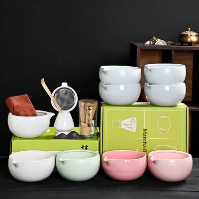 Japanese-style Ceramic Matcha Bowl Set Spout 7-Piece Includes Tea Scoop Strainer Towel Chopstick Rest Whisk Stand Four-Piece Set