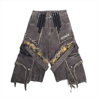 DiZNEW Streetwear Clothes Men Shorts Custom Heavyweight Cat Whiskers Long Jeans Shorts for Men