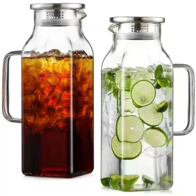Large Square Heat Resistant Glass Pitcher With Handle Lid Fridge Door Water Jug for Iced Tea Coffee Cold & Hot Beverages