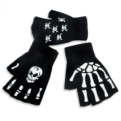 Cheap Wholesale Halloween Party Skeleton Gloves Half Finger Knit Eco-Friendly Warm Breathable Acrylic/Cotton Bone Skull Mittens