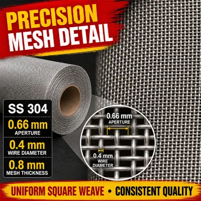 Ready to Ship SS 304 0.66mm Hole 0.4mm Wire IP54 Protection 1m X 30m Roll Clearance Price 304 Stainless Steel Wire Mesh
