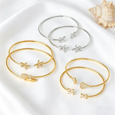 Women's Trendy Fashion Jewelry 18K Gold Plated Ocean Starfish Shell CZ Stainless Steel Adjustable Open Cuff Bangle Bracelet