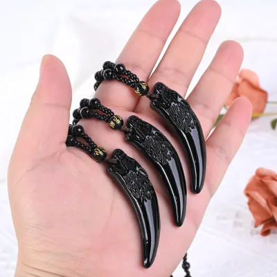 Wholesale Polished Black Crystal Wolf Tooth Pendant Necklace for Men Gift
