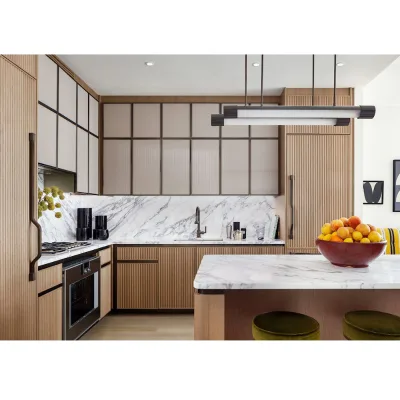 Modern Fluted Wood Veneer Kitchen Cabinet Custom Kitchen Island Marble Countertop for Villa Home Kitchen