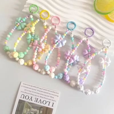 New Style Colorful Candy-colored Mobile Phone Chain, Bowknot Beaded Bag Extender Chain, Water Cup Keychain