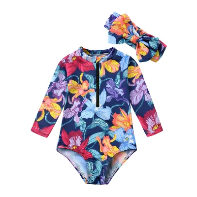 Girls' Long Sleeved Swimsuit Children's Sun Protection, Quick Drying Baby One Piece Swimsuit with Headband