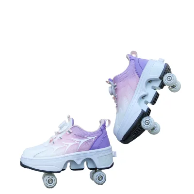Four-Wheel Double Row Deformation Skates for Girls Boys and Children Mesh Lining Girls' Roller Skating Shoes