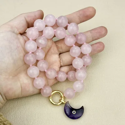 Vintage Fashion Gemstone Beaded Necklace Moon Shape Amethyst Pendant Rose Quartz Beads Necklace Women's Anniversary Gift