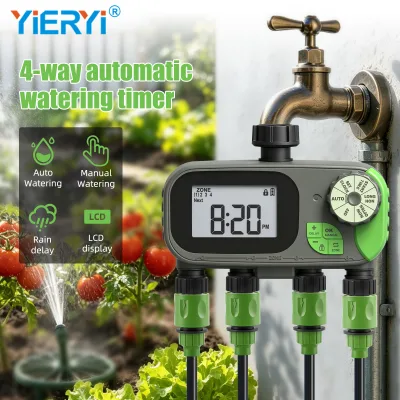 Digital 4 Way Water Timer Battery Operated Garden Irrigation Timer 4 Independent Zones Hose Watering Timer with LCD Display