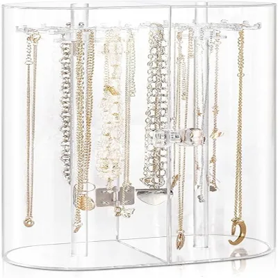 Waterproof Dustproof Acrylic Oval Necklace Bracket Transparent Necklace Storage Box Rotating Jewelry Display Rack for Bathroom